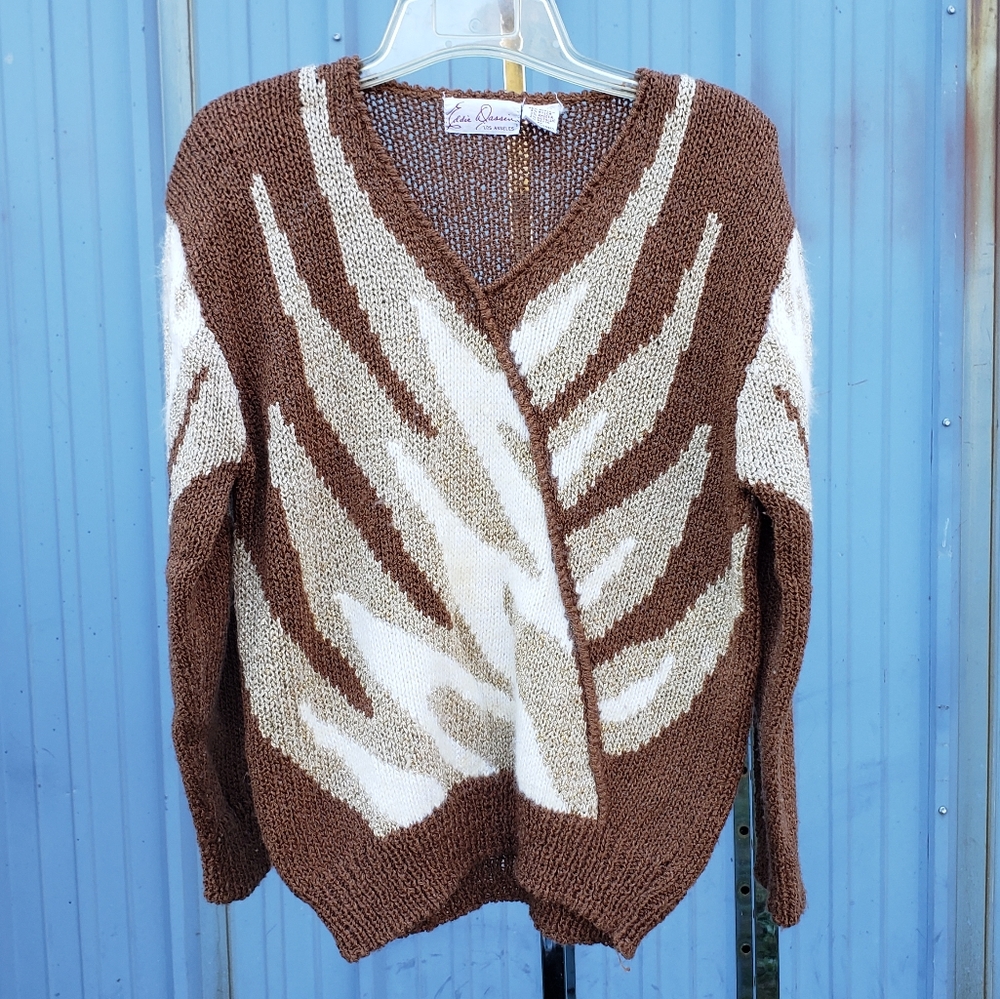 Eddie Dassin Vintage 80s Neutral Shimmer Faux Wrap V Neck Sweater Size Medium